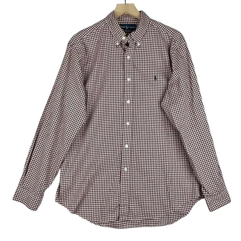 Ralph‎ Lauren Shirt Mens Large Classic Fit Burgundy Gingham Button Down - Picture 2 of 12
